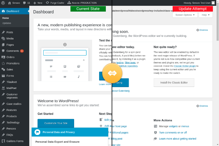 Comparison of screenshots in the Seravo admin panel