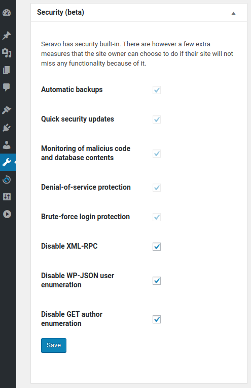 Seravo security settings for WordPress