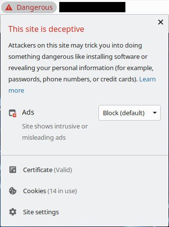 Chrome giving details of a security warning for a website