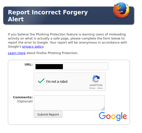 Firefox reporting tool for Incorrect Forgery Alert