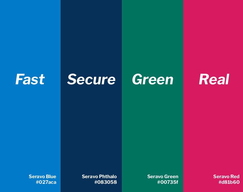 Seravo brand colors: blue, phthalo, green and red.