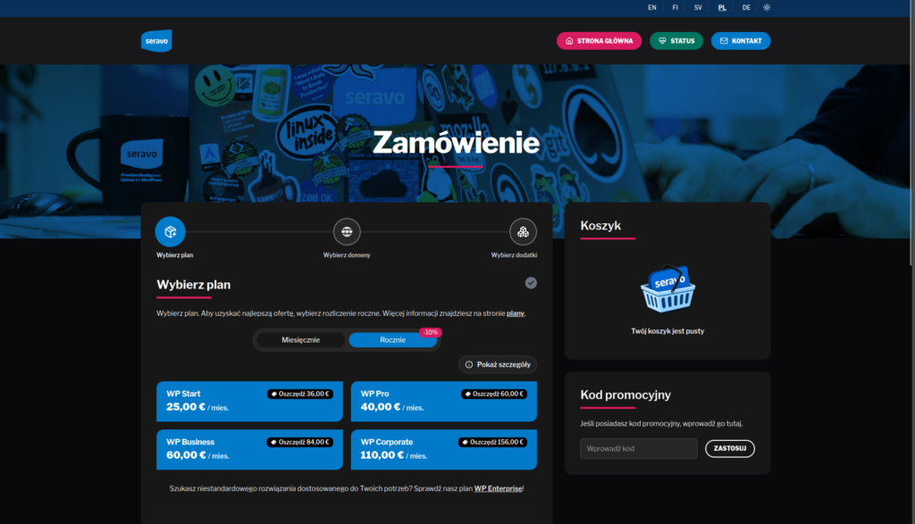 Wyświetlanie zamówienia na stronie cart.seravo.com w trybie ciemnym